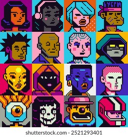 Conjunto de personagens de pessoas, homem, mulher pixel art estilo plano, menina, cara, avatar, retrato de rede social, imagem de perfil. Design dos anos 80. Ativos do jogo. 8 bits. Plano de fundo de ilustração de vetor isolado.