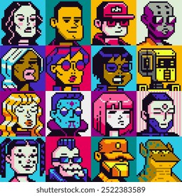 Conjunto de personagens de pessoas, homem, mulher pixel art estilo plano, menina, cara, avatar, retrato de rede social, imagem de perfil. Design dos anos 80. Ativos do jogo. 8 bits. Plano de fundo de ilustração de vetor isolado.