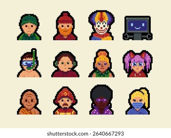 People character set, man, woman pixel art flat style, girl, guy, avatar, social net portrait, profile picture. Design of 80s. Game assets. 8-bit. Isolated vector illustration background.