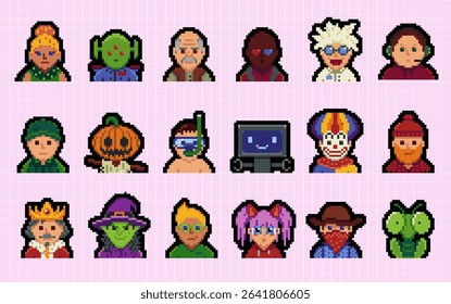 People character set, man, woman pixel art flat style, girl, guy, avatar, social net portrait, profile picture. Design of 80s. Game assets. 8-bit. Isolated vector illustration background.