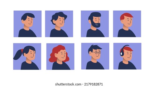 Conjuntos de caracteres de personas. 8 caracteres de media persona en las imágenes de perfil