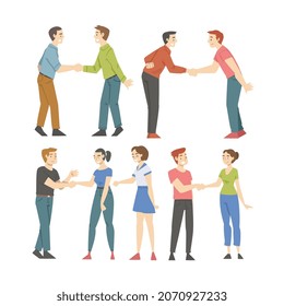 People Character Shaking Hand as Brief Greeting or Parting Tradition Vector Set