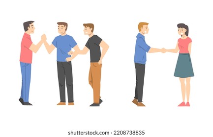 People Character Shaking Hand as Brief Greeting or Parting Tradition Vector Set