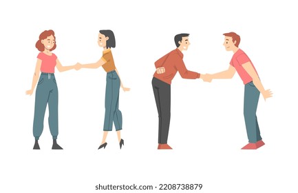 People Character Shaking Hand as Brief Greeting or Parting Tradition Vector Set