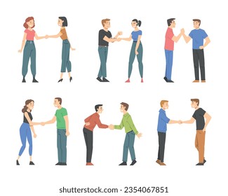 People Character Shaking Hand as Brief Greeting or Parting Tradition Vector Set