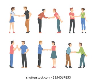 People Character Shaking Hand as Brief Greeting or Parting Tradition Vector Set