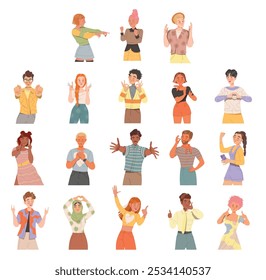 People Character Showing Hand Gesture and Emotion Vector Set