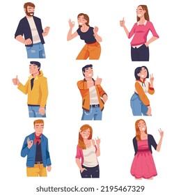 People Character Showing Positive Gesture Like Thumb Up and Ok Symbol Vector Illustration Set