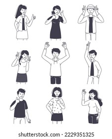 People Character Showing Positive Hand Gesture Demonstrating Emotion Outline Vector Set