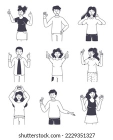 People Character Showing Positive Hand Gesture Demonstrating Emotion Outline Vector Set