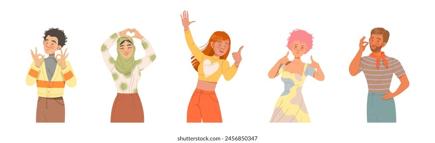 People Character Showing Positive Hand Gesture and Sign Vector Set
