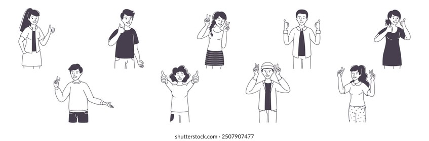 People Character Showing Positive Hand Gesture Demonstrating Emotion Outline Vector Set