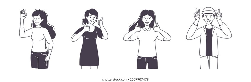 People Character Showing Positive Hand Gesture Demonstrating Emotion Outline Vector Set