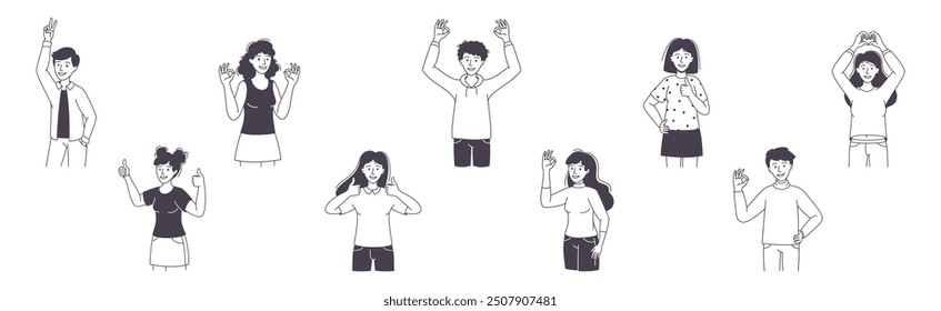 People Character Showing Positive Hand Gesture Demonstrating Emotion Outline Vector Set