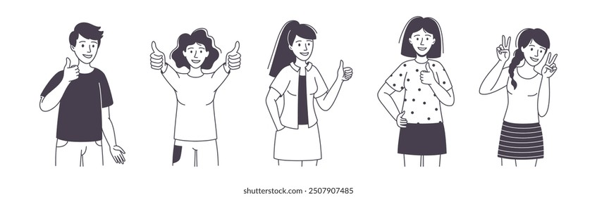 People Character Showing Positive Hand Gesture Demonstrating Emotion Outline Vector Set