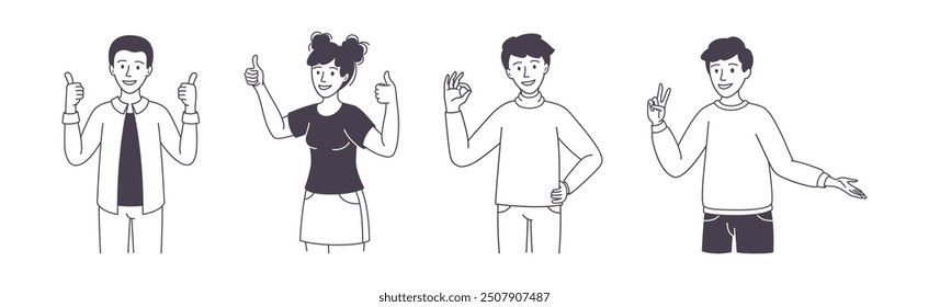 People Character Showing Positive Hand Gesture Demonstrating Emotion Outline Vector Set