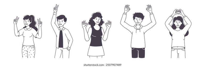 People Character Showing Positive Hand Gesture Demonstrating Emotion Outline Vector Set