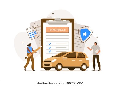 People Character  Signing Auto Insurance Policy Form. Insurance Agent Or Salesman Providing Security Document. Auto Care And Protection Concept. Flat Cartoon Illustration.