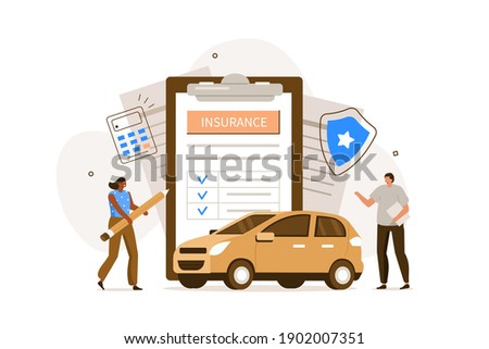 People Character  Signing Auto Insurance Policy Form. Insurance Agent or Salesman providing Security Document. Auto Care and Protection Concept. Flat Cartoon Illustration.