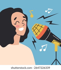 Personagem de pessoas cantando música no karaokê. Ilustração de design gráfico plano vetorial