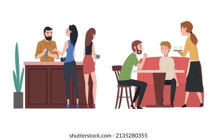 People Character Sitting at Cafe Table with Waitress Serving Them Vector Set