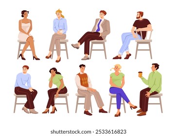 People Character Sitting on Chair Wait and Listen to Something Vector Set