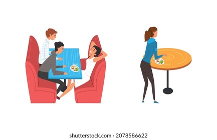 People Character Sitting at Table Eating Meal at Food Court in Shopping Mall Vector Set