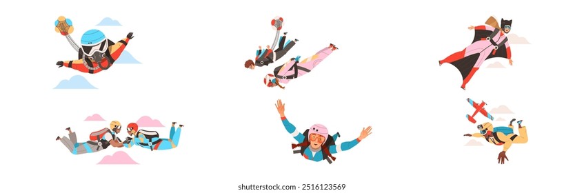 People Character Skydiving Falling Down with Parachute and in Wingsuit Vector Set