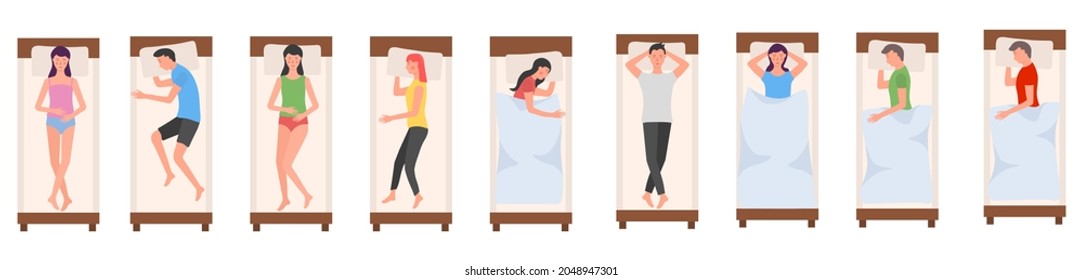 People Character Sleeping In Beds On Background. Woman And Man Sleeps In Different Poses. Sleeping Tired Lying Person In Bed Wearing Pajama Or Night Posture. Vector Illustration In Flat Cartoon Style.