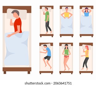 People character sleeping in beds on background. Woman and man sleeps in different poses. Sleeping tired lying person in bed wearing pajama or night posture. Vector illustration in flat cartoon style.