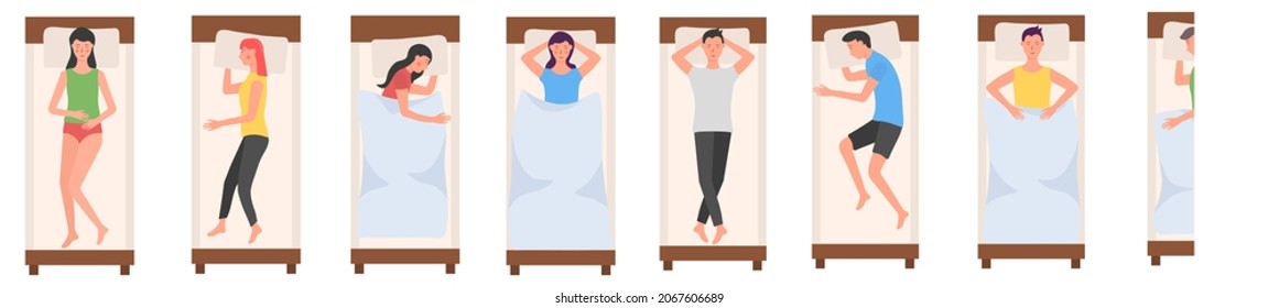 People character sleeping in beds on background. Woman and man sleeps in different poses. Sleeping tired lying person in bed wearing pajama or night posture. Vector illustration in flat cartoon style.