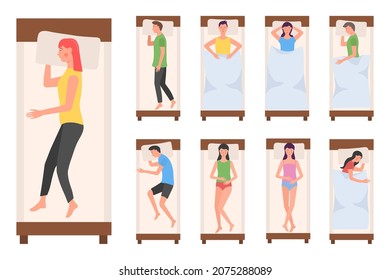 People character sleeping in beds on background. Woman and man sleeps in different poses. Sleeping tired lying person in bed wearing pajama or night posture. Vector illustration in flat cartoon style.