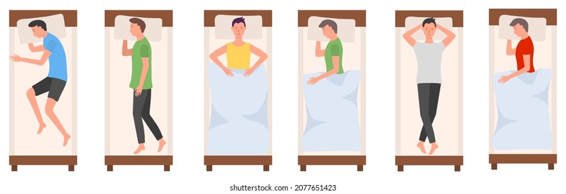 Personajes durmiendo en camas sobre fondo. Mujer y hombre duermen en diferentes poses. Una persona cansada durmiendo en la cama usando pijama o postura nocturna. Ilustración vectorial al estilo de las caricaturas planas.