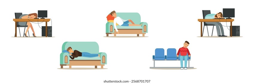 People Character Sleeping at Home on Sofa and In Office Vector Set