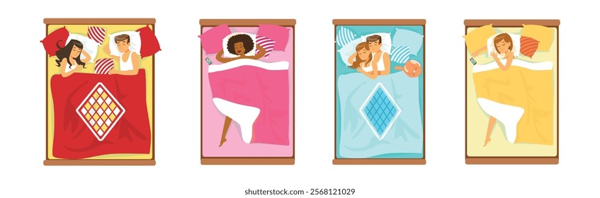 People Character Sleeping at Home in Their Bed Vector Set