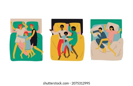 People Character Sleeping at Night Lying on Double Bed on Pillow Vector Illustration Set