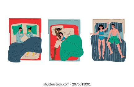 People Character Sleeping at Night Lying on Double Bed on Pillow Covering with Blanket Vector Illustration Set