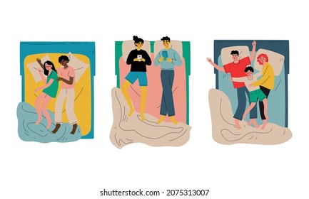 People Character Sleeping at Night Lying on Double Bed on Pillow Vector Illustration Set