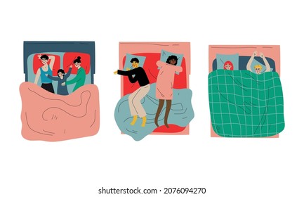 People Character Sleeping at Night Lying on Double Bed on Pillow Covering with Blanket Vector Illustration Set