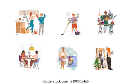 People Character Spending Weekend at Home Vector Illustration Set