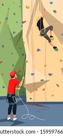 People character in sportswear with rope training on climbing rock wall. Extreme sportsmen and sportswomen. Tough and healthy discipline. Adventure park. Vector cartoon flat illustration