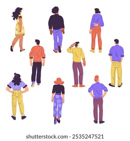 People Character Standing from Behind Back View Vector Set