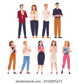 People Character Standing and Clapping Their Hands as Applause and Ovation Gesture Vector Illustration Set