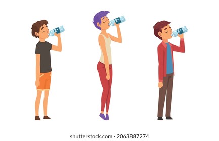 People Character Standing and Drinking Water from Plastic Bottle Vector Set