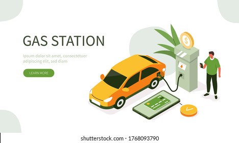 People Character Standing At Gas Station And Fueling His Car. Man Paying By Smartphone For Gasoline And Save Money. Fuel Economy Concept. Flat Isometric Vector  Illustration.