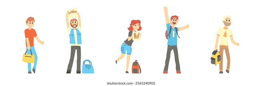 People Character Standing and Hitchhiking Catching Car Vector Set