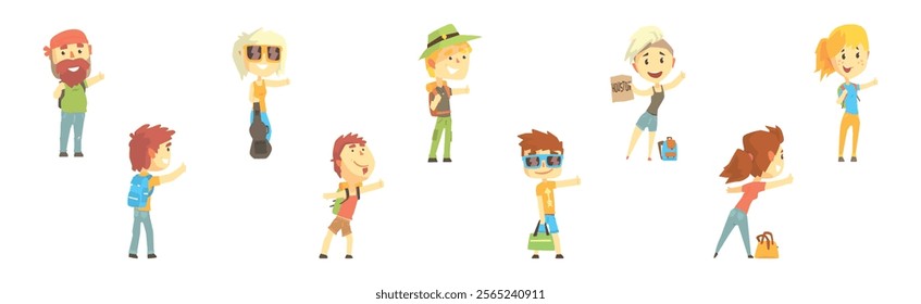 People Character Standing and Hitchhiking Catching Car Vector Set