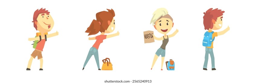 People Character Standing and Hitchhiking Catching Car Vector Set