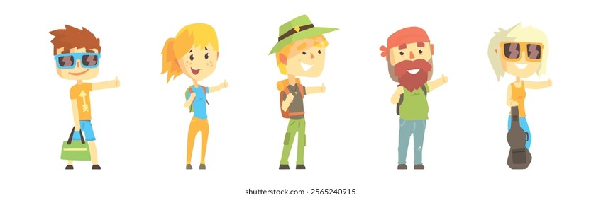 People Character Standing and Hitchhiking Catching Car Vector Set