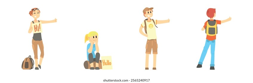 People Character Standing and Hitchhiking Catching Car Vector Set